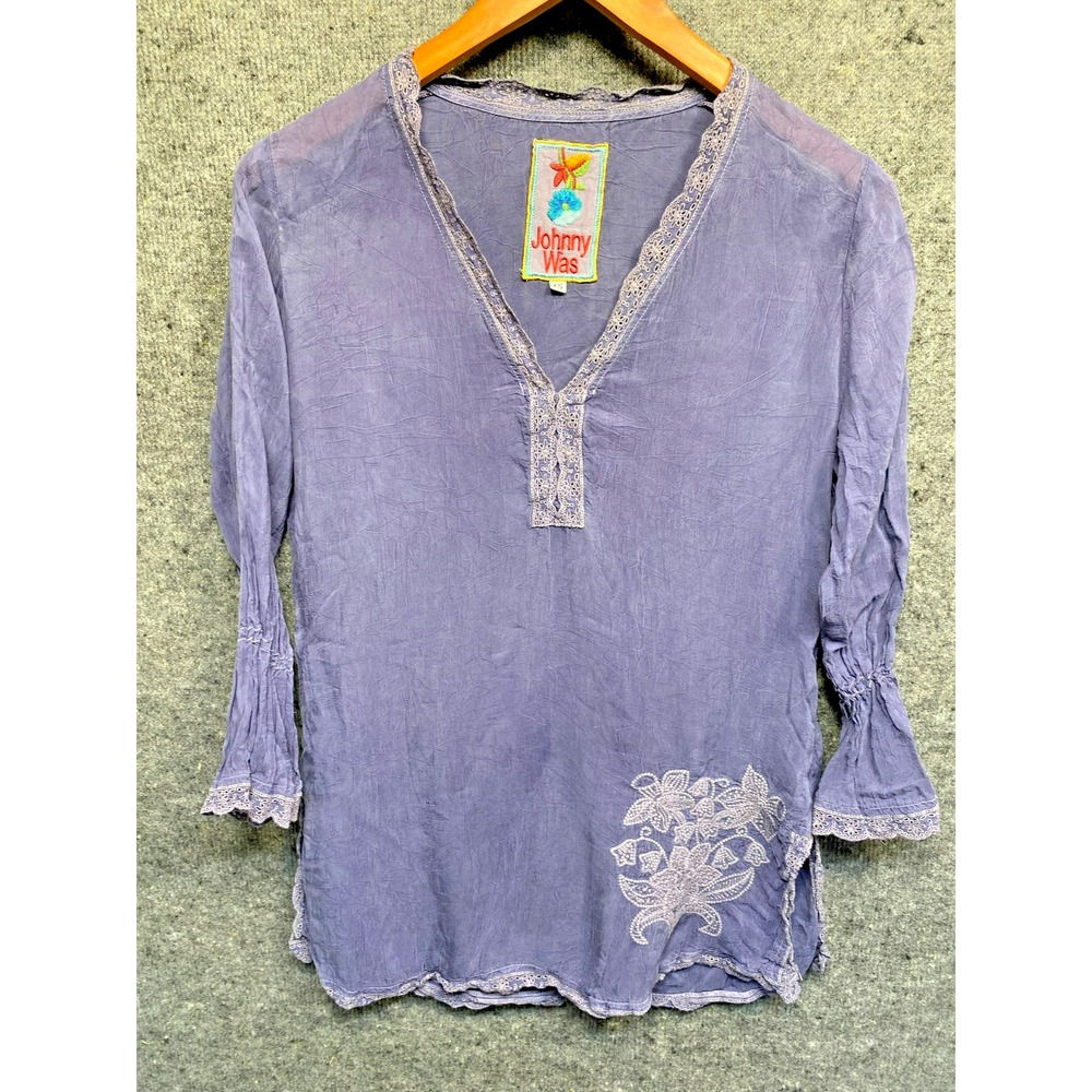 Johnny Was XS Purple Embroidered Tunic Top Boho 3/4 Sleeve Lace Trim Blouse